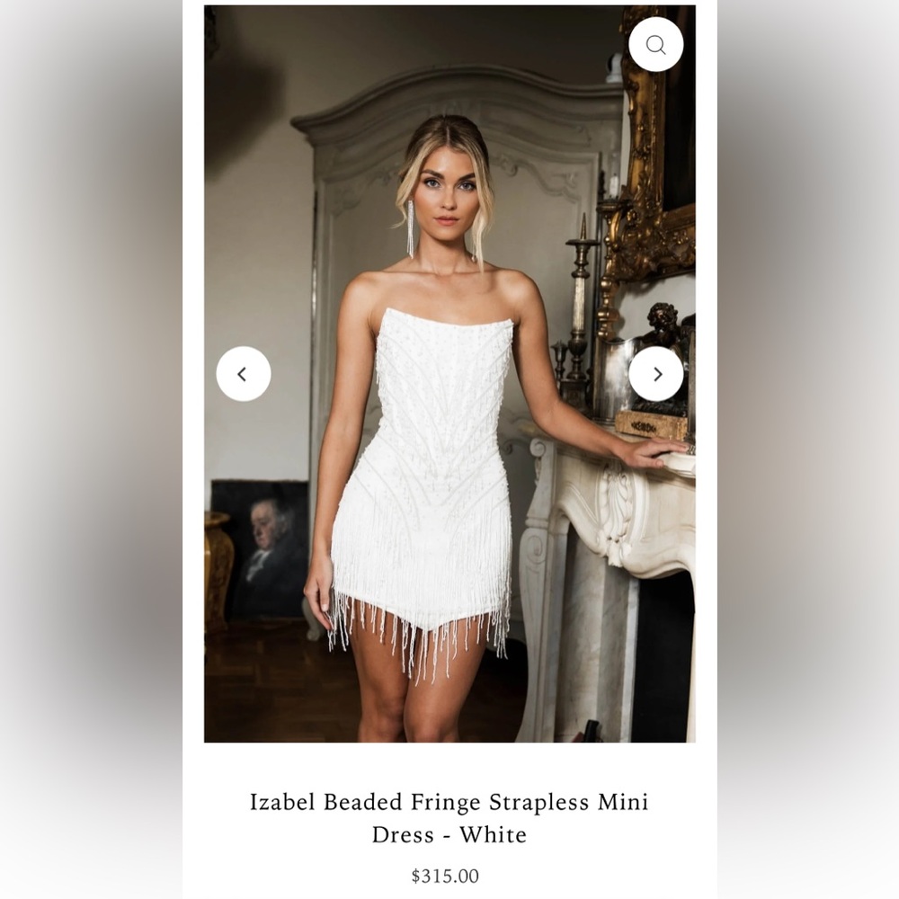 NB Luxe Izabel Beaded Fringe Strapless Mini
Dress - White